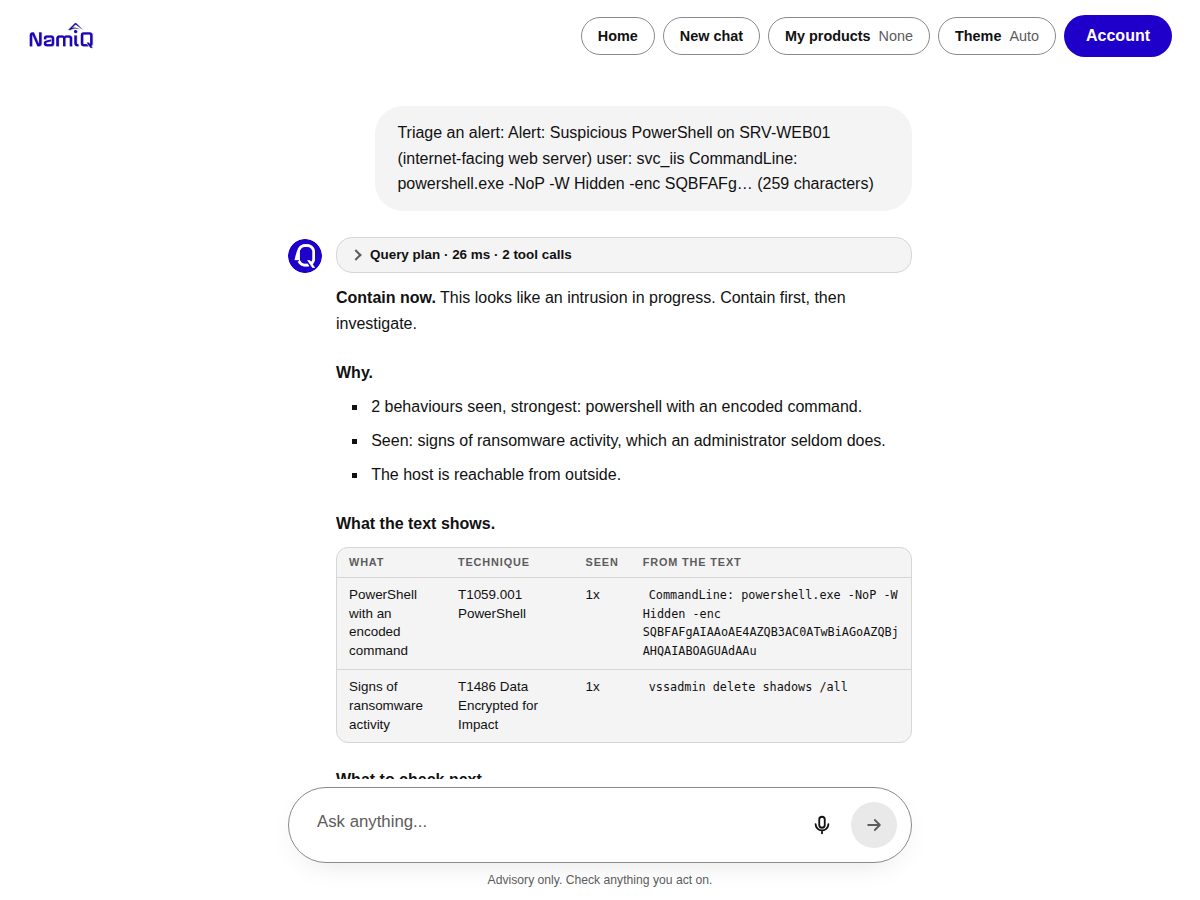 Alert triage in the Lattice Analyst: a Contain now verdict with reasons and the techniques the text shows
